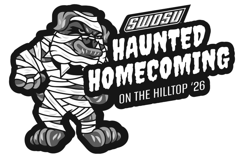 Bulldog wrapped in bandages. Text: SWOSU Haunted Homecoming on the Hilltop 2026.