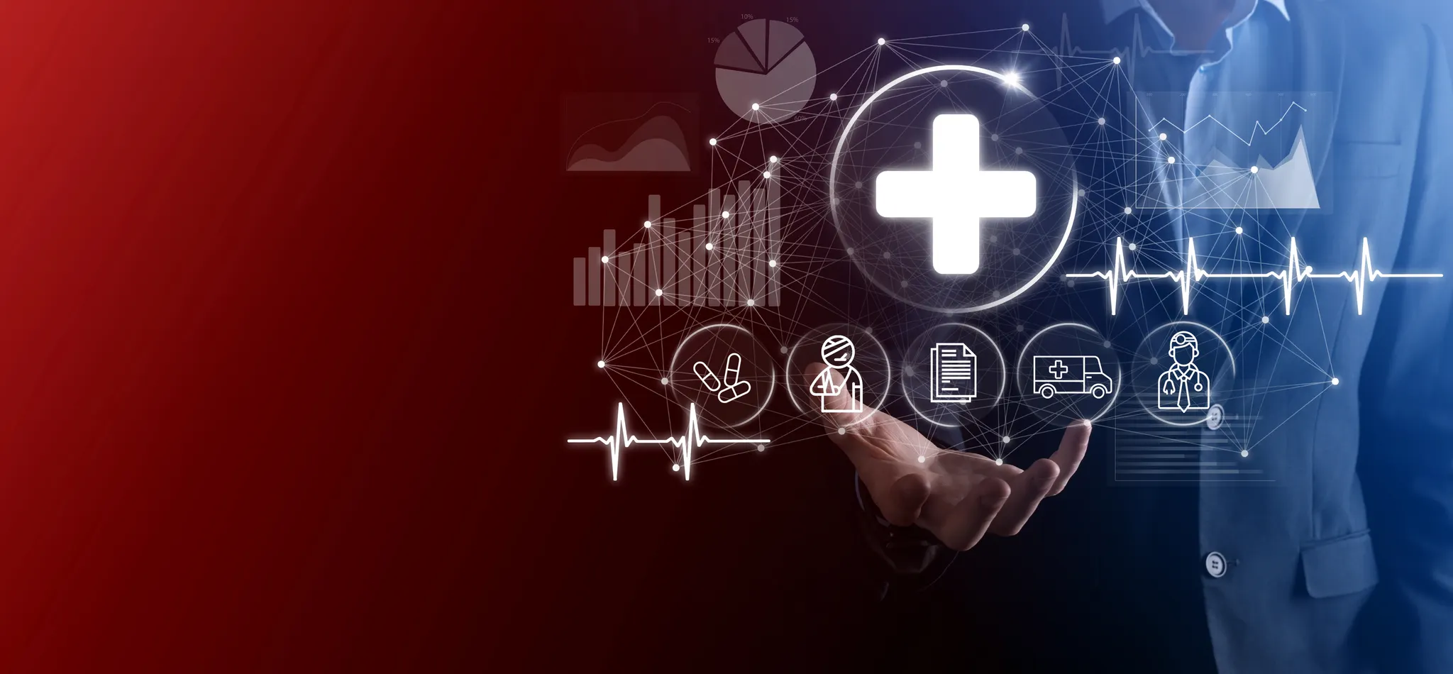 Pharmacy icons hovering above a person's hand.